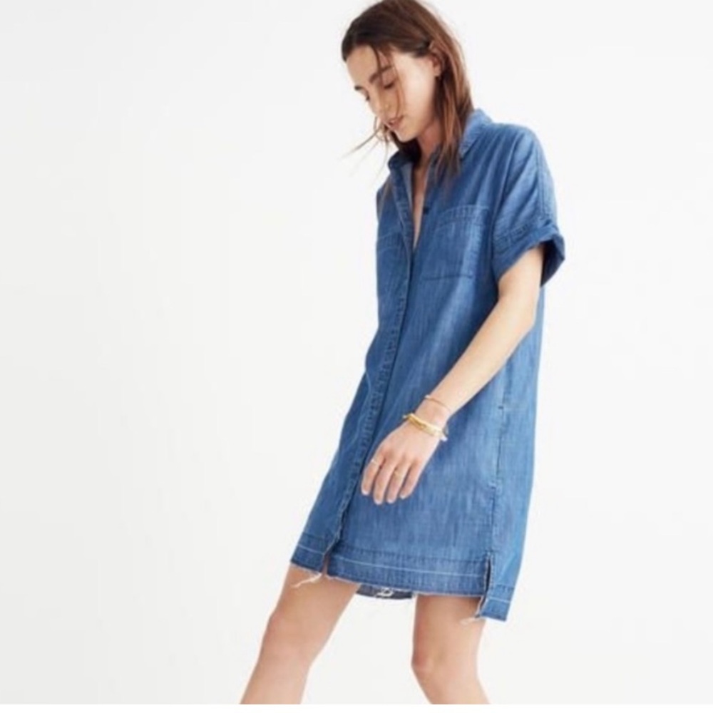 MADEWELL Chambray Denim Raw Hem Button Down Boho Shirt Dress